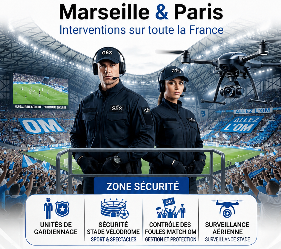 Agents Global Élite Sécurité et drone au stade, Marseille & Paris